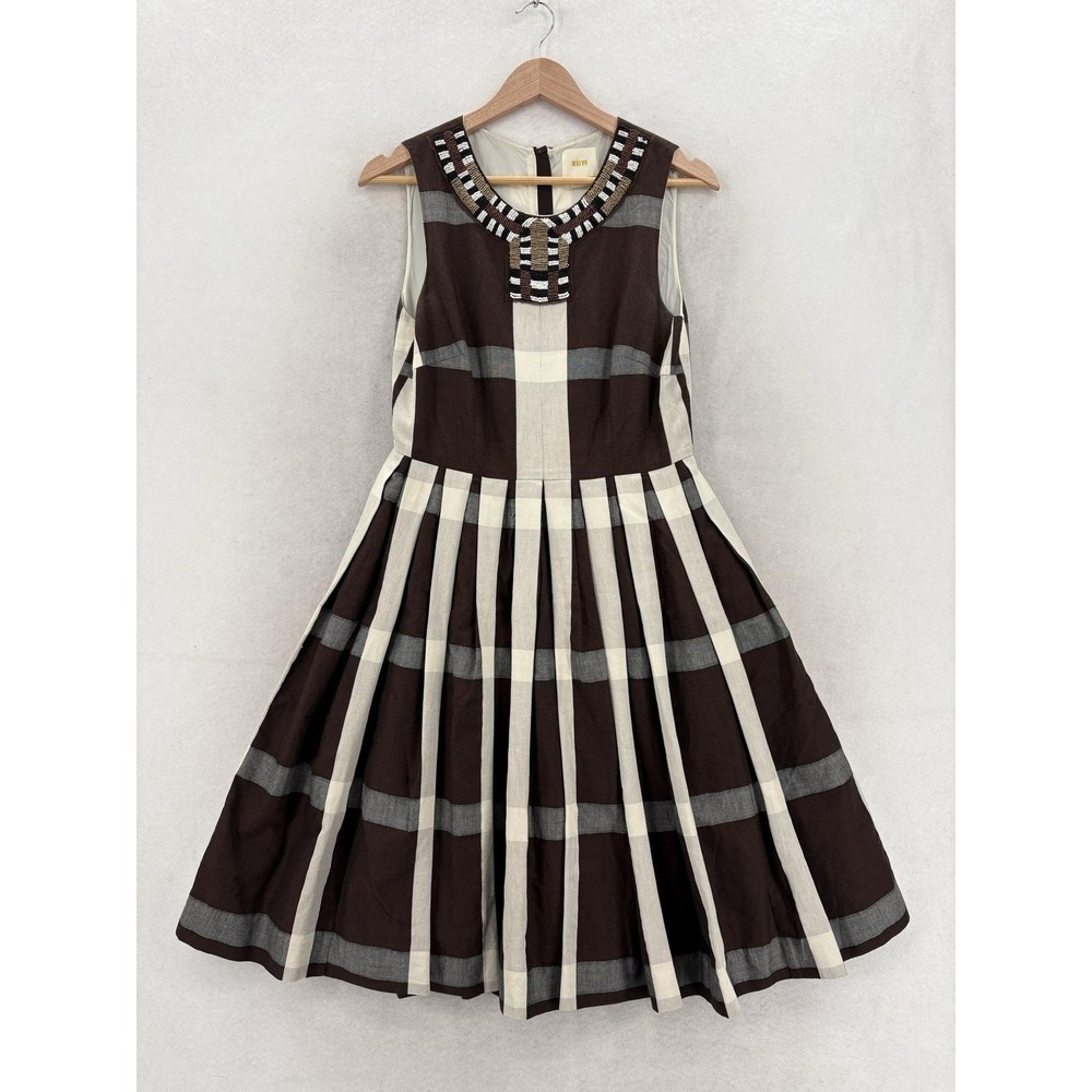 Maeve Dress Womens 8 Brown Plaid Beaded Neck Sleeveless Pleated Anthropologie